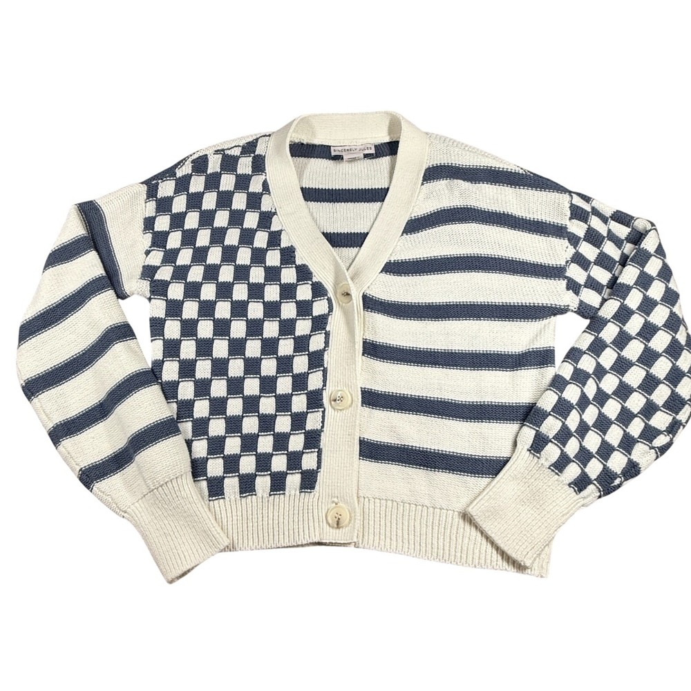 Sincerely Jules Cardigan Womens S Blue Cream Checker Stripe Cropped Knit